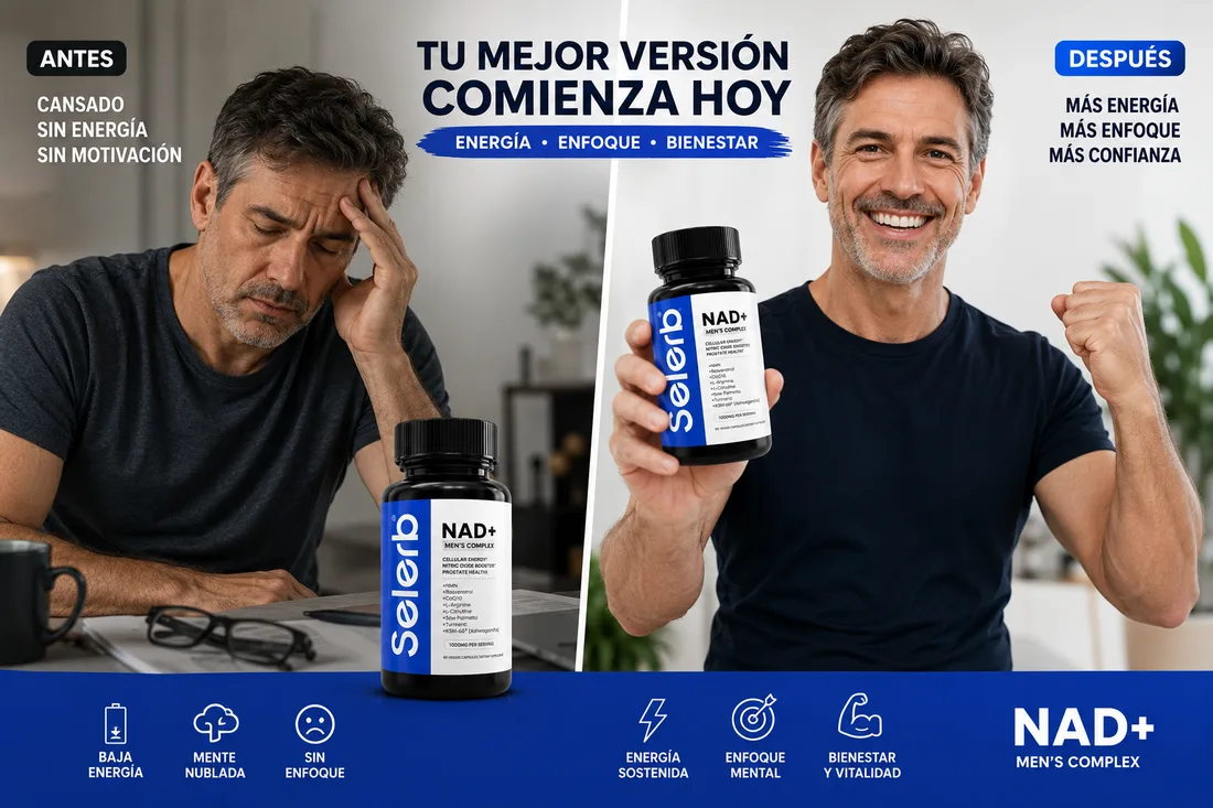 Antes y después con NAD+ Men's Complex: de cansado, sin energía y sin enfoque a más energía, enfoque y confianza
